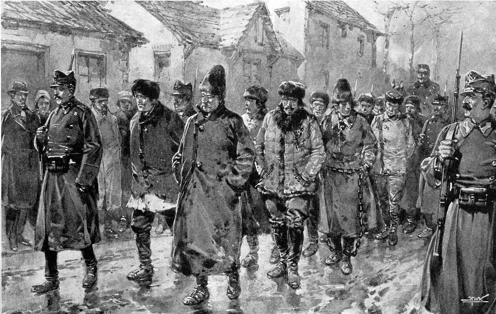 Ilustrație de presă din 1907 cu infanteriști escortând țărani arestați prin Piatra Neamț
