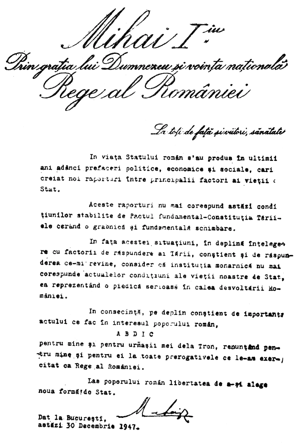 Actul de abdicare semnat de Regele Mihai I la 30 decembrie 1947