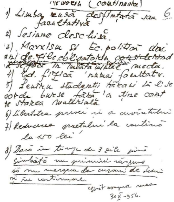 Manuscrisul revendicărilor studenților din Timișoara, 30 octombrie 1956, incluzând libertatea presei și a cuvântului