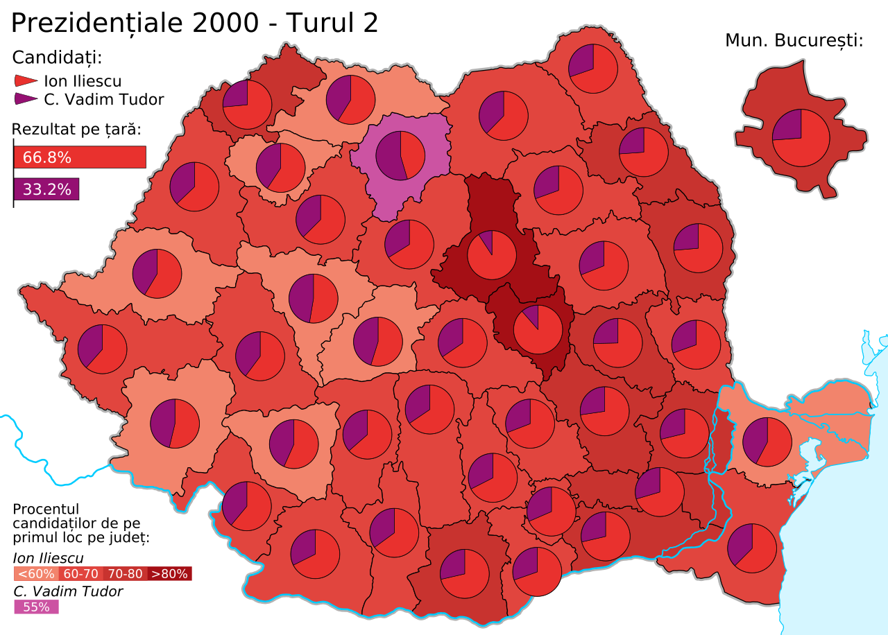 Hartă pe județe a rezultatului turului al doilea al alegerilor prezidențiale din 2000