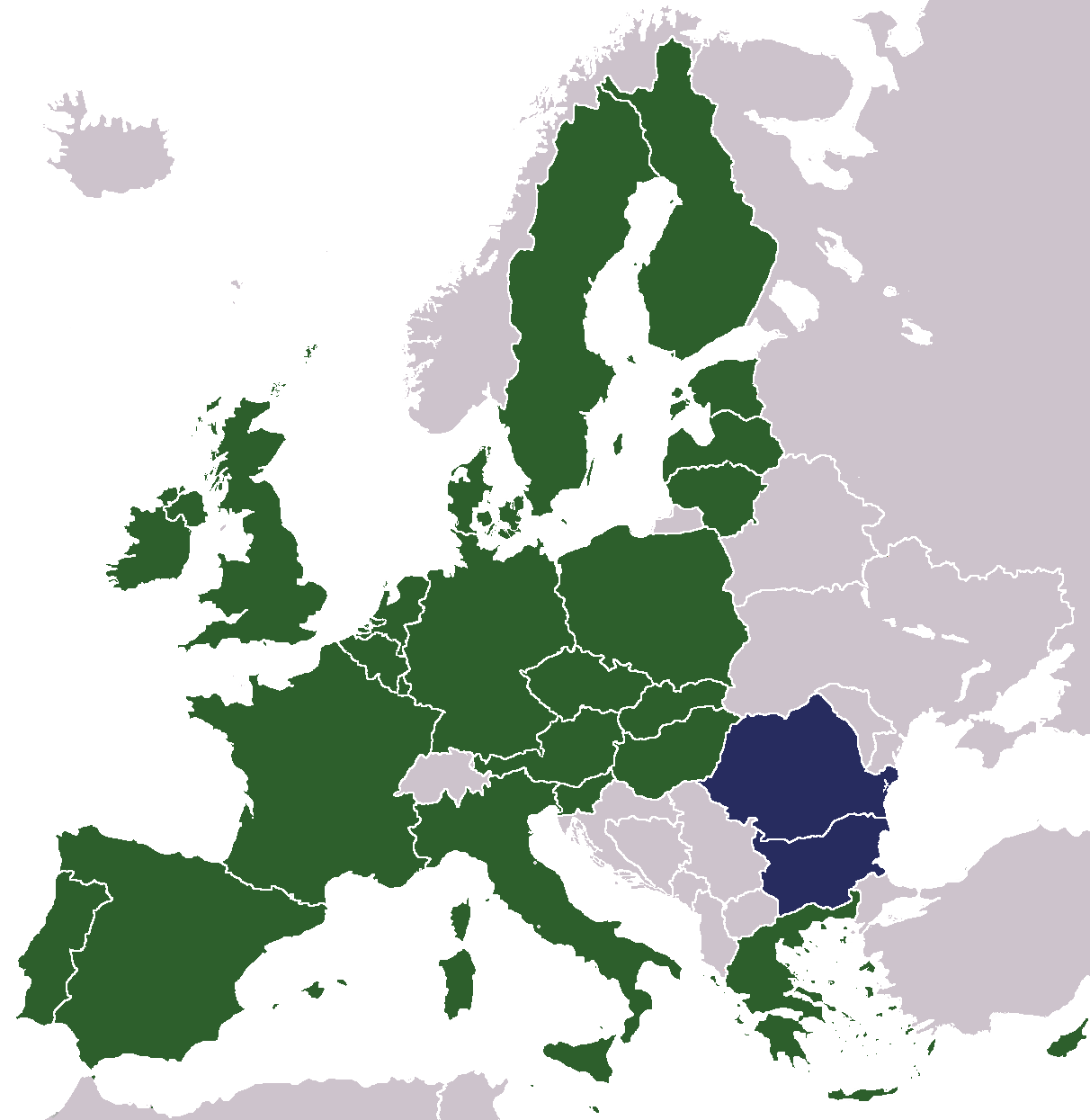 Hartă a Uniunii Europene în 2007, cu România și Bulgaria evidențiate ca noile state membre