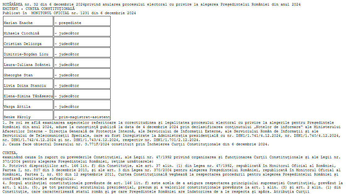 Prima pagină a Hotărârii Curții Constituționale nr. 32 din 6 decembrie 2024 privind anularea procesului electoral prezidențial